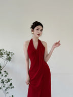 Elegant Burgundy Fitted Halter Neck Deep V-Neck Satin Long Classy Prom Dress