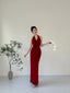 Elegant Burgundy Fitted Halter Neck Deep V-Neck Satin Long Classy Prom Dress