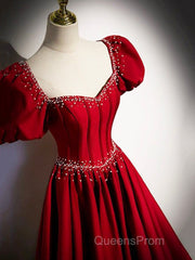 Elegant Burgundy Floor Length Evening Prom Dress, A-Line Beading Puffy Short Sleeve Backless Evening Dress