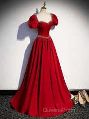Elegant Burgundy Floor Length Evening Prom Dress, A-Line Beading Puffy Short Sleeve Backless Evening Dress