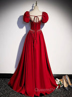 Elegant Burgundy Floor Length Evening Prom Dress, A-Line Beading Puffy Short Sleeve Backless Evening Dress