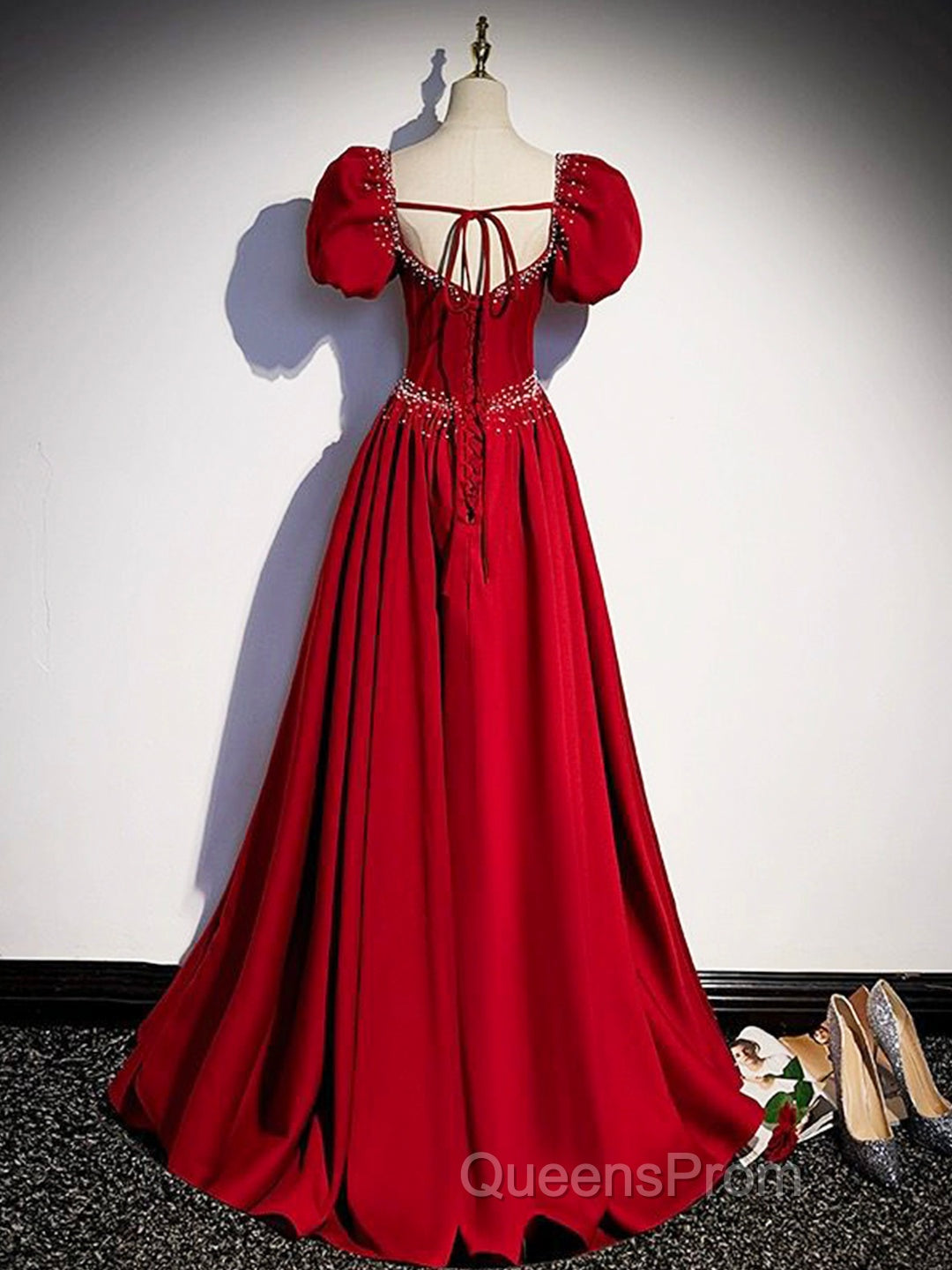 Elegant Burgundy Floor Length Evening Prom Dress, A-Line Beading Puffy Short Sleeve Backless Evening Dress