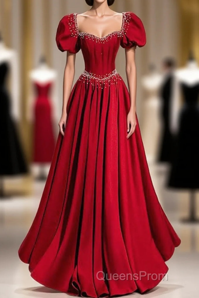 Elegant Burgundy Floor Length Evening Prom Dress, A-Line Beading Puffy Short Sleeve Backless Evening Dress Main image