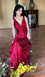 Elegant Burgundy Mermaid Jacquard Satin V-Neck Evening Dress Simple Prom Dress