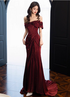 Elegant Burgundy Mermaid Off-The-Shoulder Ruffled Satin Train Classy Prom Dress