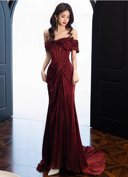 Elegant Burgundy Mermaid Off-The-Shoulder Ruffled Satin Train Classy Prom Dress