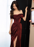 Elegant Burgundy Mermaid Off-The-Shoulder Ruffled Satin Train Classy Prom Dress