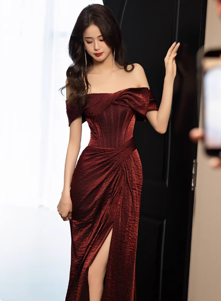 Elegant Burgundy Mermaid Off-The-Shoulder Ruffled Satin Train Classy Prom Dress
