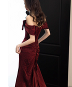 Elegant Burgundy Mermaid Off-The-Shoulder Ruffled Satin Train Classy Prom Dress