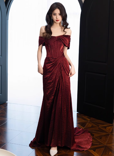 Elegant Burgundy Mermaid Off-The-Shoulder Ruffled Satin Train Classy Prom Dress Main image