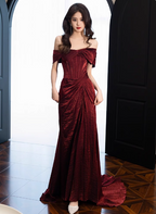Elegant Burgundy Mermaid Off-The-Shoulder Ruffled Satin Train Classy Prom Dress