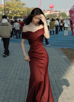 Elegant Burgundy Mermaid Off-The-Shoulder Satin Long Classy Prom Dress