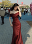 Elegant Burgundy Mermaid Off-The-Shoulder Satin Long Classy Prom Dress