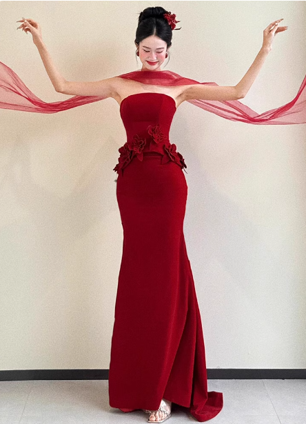 Elegant Burgundy Mermaid Strapless 3D Floral Satin Train Classy Prom Dress