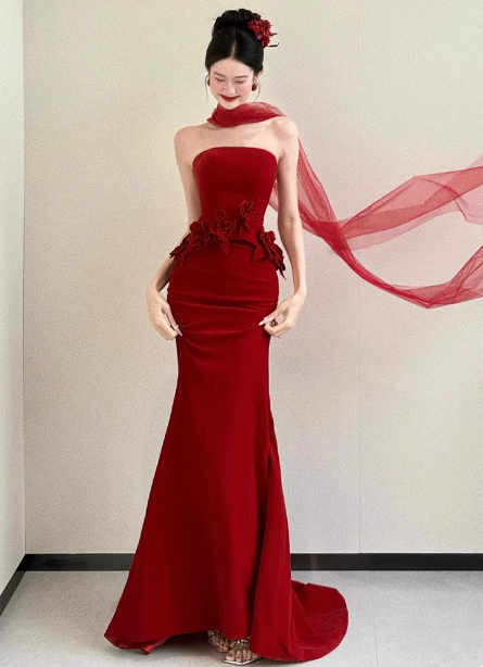 Elegant Burgundy Mermaid Strapless 3D Floral Satin Train Classy Prom Dress