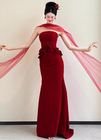 Elegant Burgundy Mermaid Strapless 3D Floral Satin Train Classy Prom Dress
