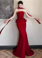 Elegant Burgundy Mermaid Strapless 3D Floral Satin Train Classy Prom Dress