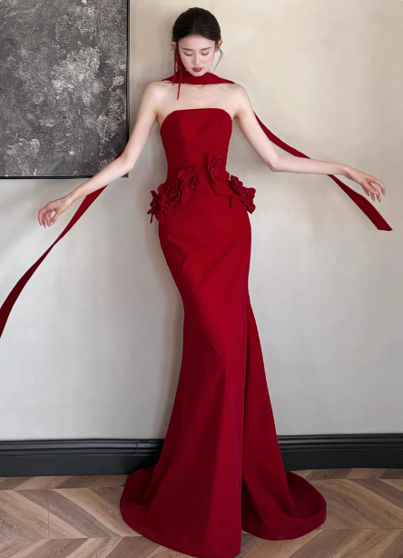 Elegant Burgundy Mermaid Strapless 3D Floral Satin Train Classy Prom Dress