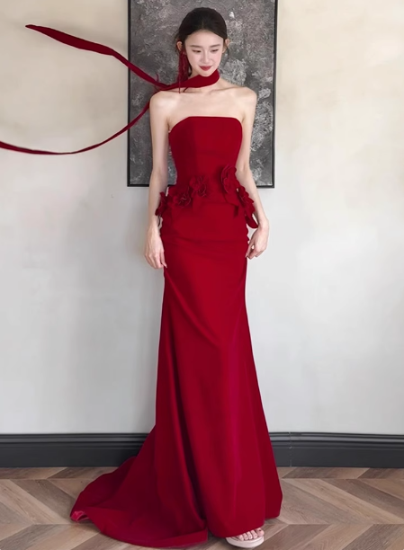 Elegant Burgundy Mermaid Strapless 3D Floral Satin Train Classy Prom Dress Main image
