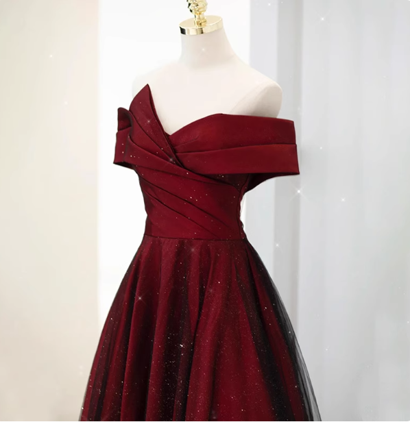 Elegant Burgundy Off-The-Shoulder A-Line Satin Tulle Long Classy Prom Dress