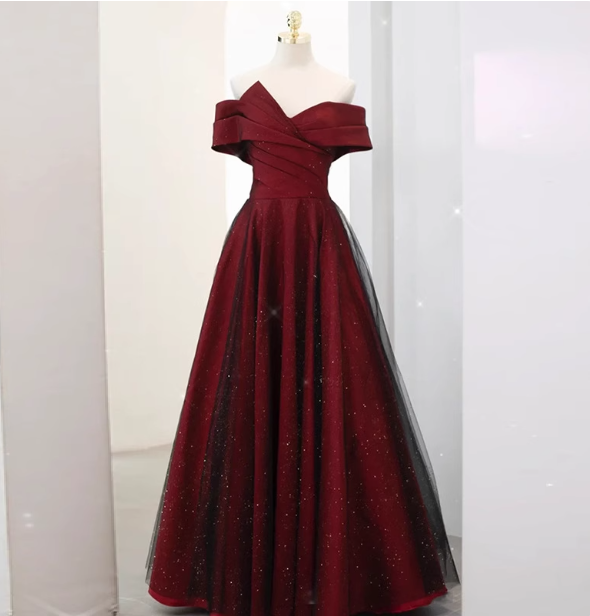 Elegant Burgundy Off-The-Shoulder A-Line Satin Tulle Long Classy Prom Dress