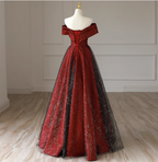 Elegant Burgundy Off-The-Shoulder A-Line Satin Tulle Long Classy Prom Dress