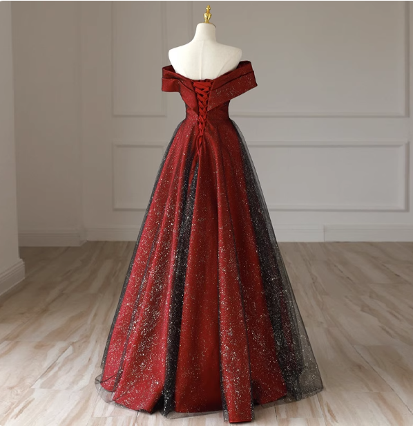 Elegant Burgundy Off-The-Shoulder A-Line Satin Tulle Long Classy Prom Dress