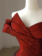 Elegant Burgundy Off-The-Shoulder A-Line Satin Tulle Long Classy Prom Dress