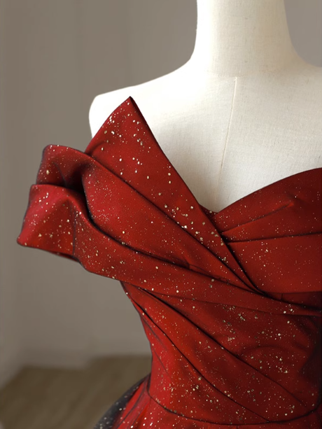 Elegant Burgundy Off-The-Shoulder A-Line Satin Tulle Long Classy Prom Dress