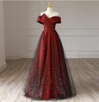 Elegant Burgundy Off-The-Shoulder A-Line Satin Tulle Long Classy Prom Dress