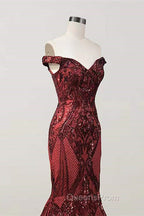 Elegant Burgundy Off-the-shoulder Mermaid Evening Prom Dress