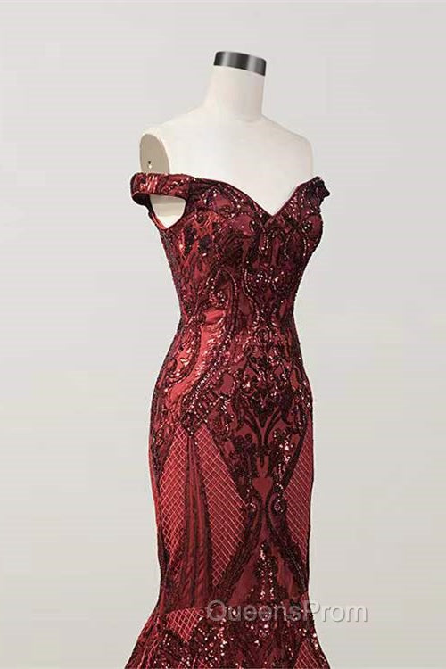 Elegant Burgundy Off-the-shoulder Mermaid Evening Prom Dress