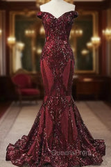 Elegant Burgundy Off-the-shoulder Mermaid Evening Prom Dress