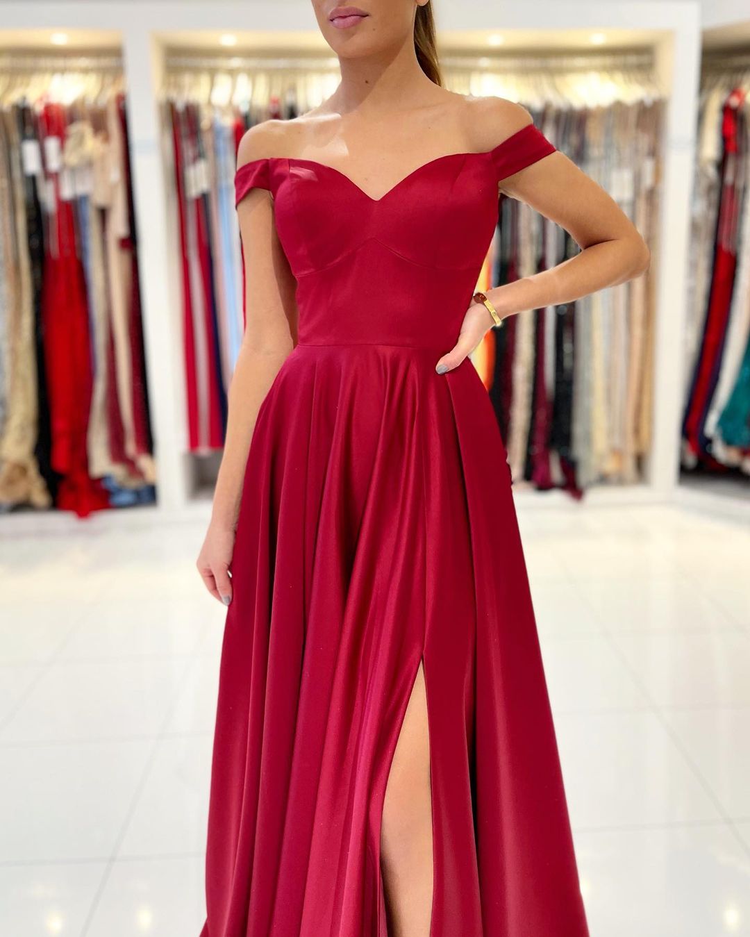 Elegant Burgundy Off-The-Shoulder Prom Dress Long With Split