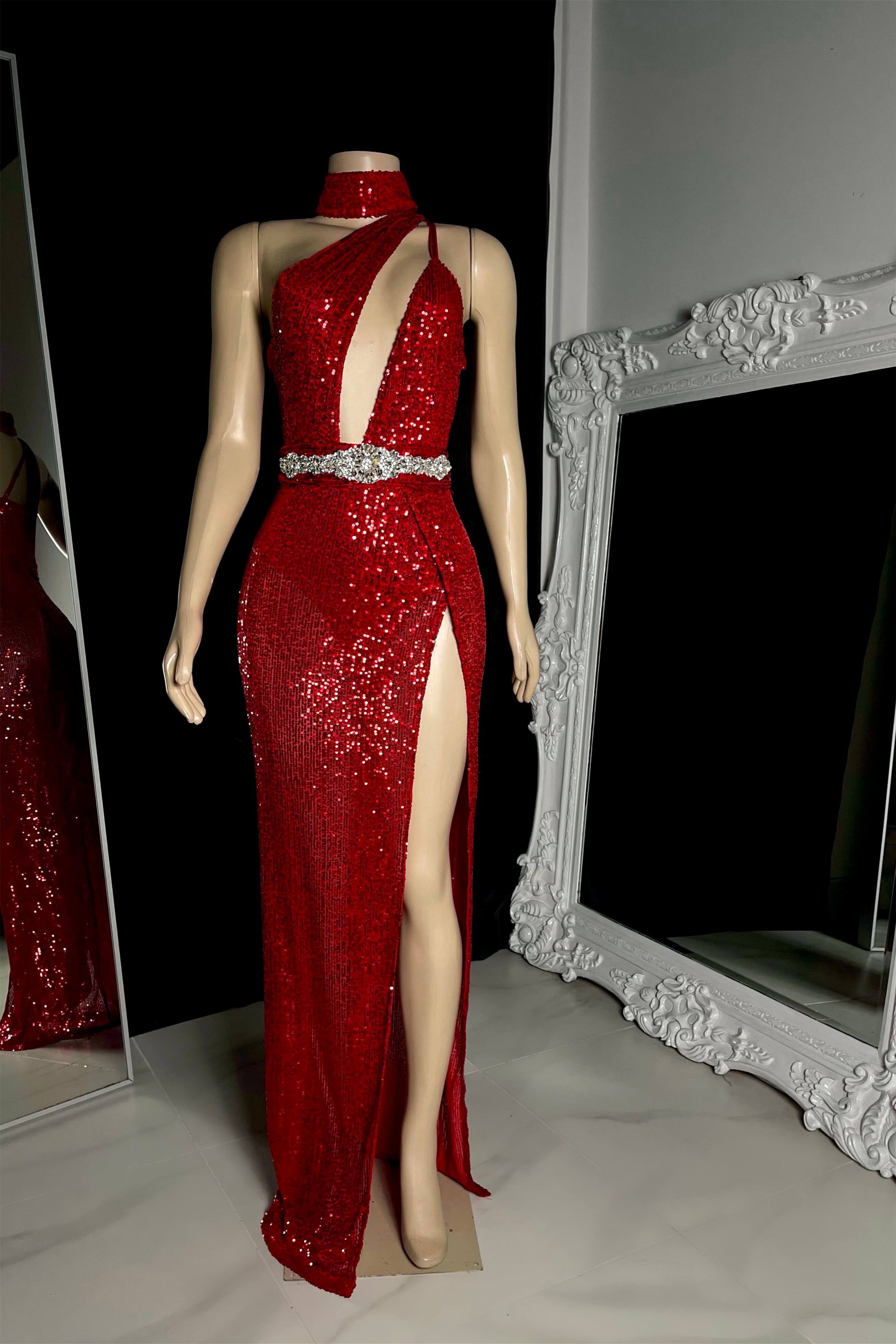 Elegant Burgundy One Shoulder Sleeveless Sequins Prom Dresses Mermaid Sheath With Zipper Main image