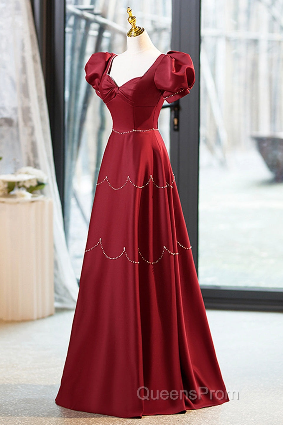 Elegant Burgundy Satin Long Evening Prom Dress With Beaded, Burgundy Short Sleeve Evening Dress Secondary image