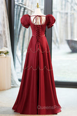 Elegant Burgundy Satin Long Evening Prom Dress With Beaded, Burgundy Short Sleeve Evening Dress
