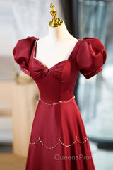 Elegant Burgundy Satin Long Evening Prom Dress With Beaded, Burgundy Short Sleeve Evening Dress