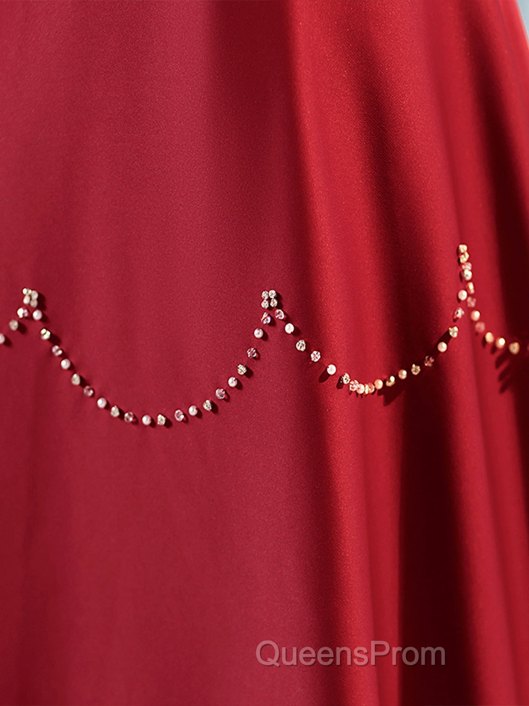 Elegant Burgundy Satin Long Evening Prom Dress With Beaded, Burgundy Short Sleeve Evening Dress