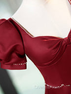 Elegant Burgundy Satin Long Evening Prom Dress With Beaded, Burgundy Short Sleeve Evening Dress