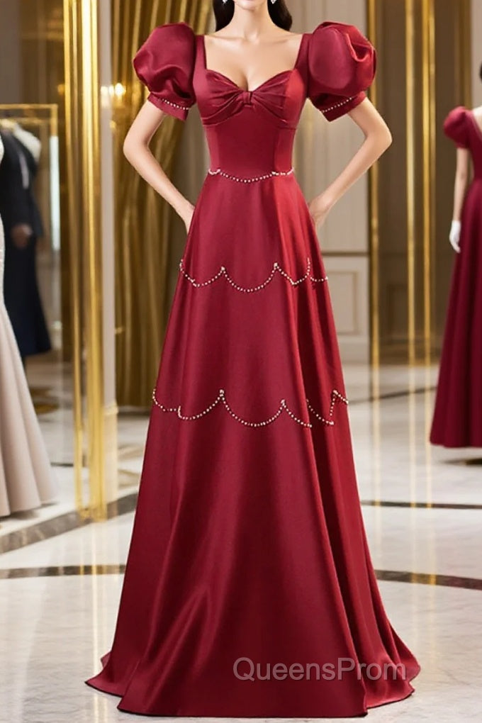 Elegant Burgundy Satin Long Evening Prom Dress With Beaded, Burgundy Short Sleeve Evening Dress Main image