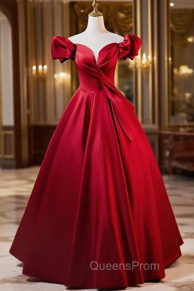 Elegant Burgundy Satin Off the Shoulder Pleats Evening Prom Dress Main image