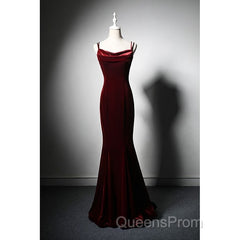 Elegant Burgundy Spaghetti Straps Velvet Mermaid Evening Prom Dress Evening Dress