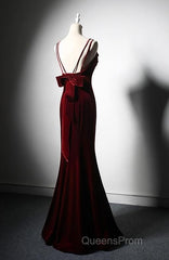 Elegant Burgundy Spaghetti Straps Velvet Mermaid Evening Prom Dress Evening Dress