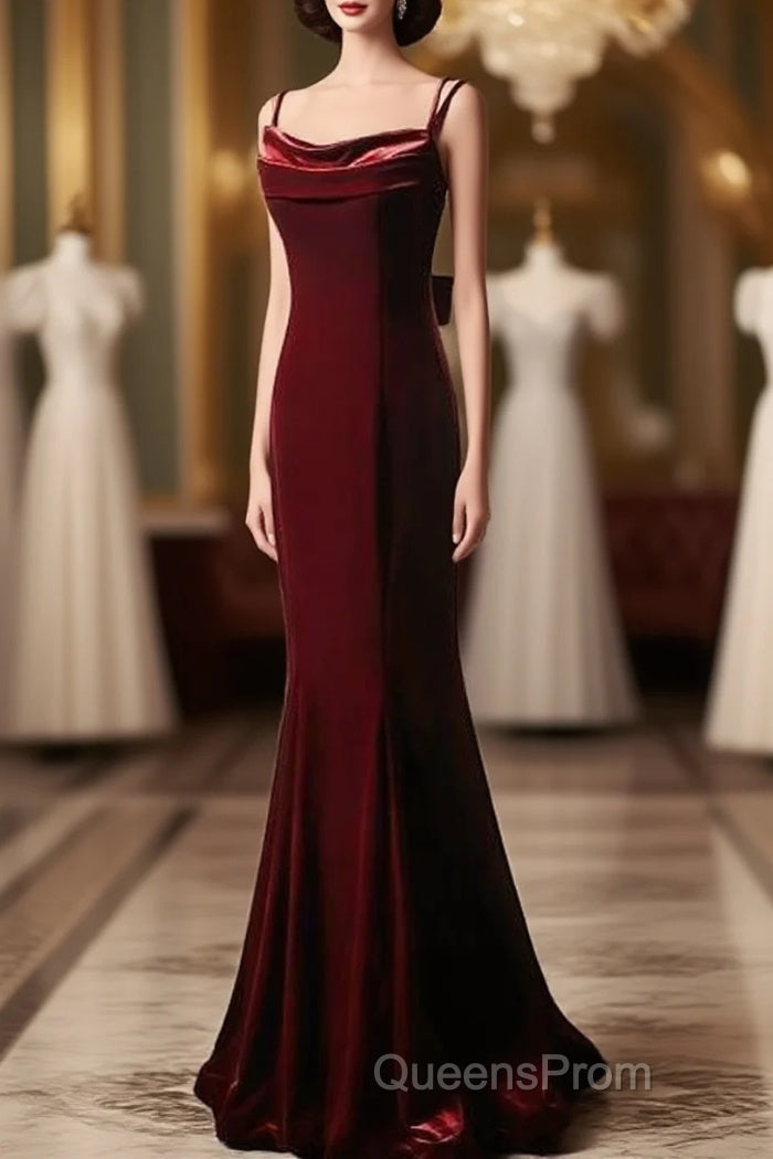 Elegant Burgundy Spaghetti Straps Velvet Mermaid Evening Prom Dress Evening Dress Main image