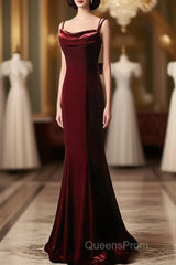 Elegant Burgundy Spaghetti Straps Velvet Mermaid Evening Prom Dress Evening Dress