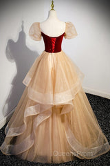 Elegant Burgundy Sparkling Sequin Square Neck Fluffy Short Sleeved Ball Dress, Burgundy Princess Sheer Backless Strap, Floor Length Layered Ruffle Edge Evening Prom Dress