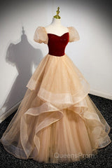 Elegant Burgundy Sparkling Sequin Square Neck Fluffy Short Sleeved Ball Dress, Burgundy Princess Sheer Backless Strap, Floor Length Layered Ruffle Edge Evening Prom Dress