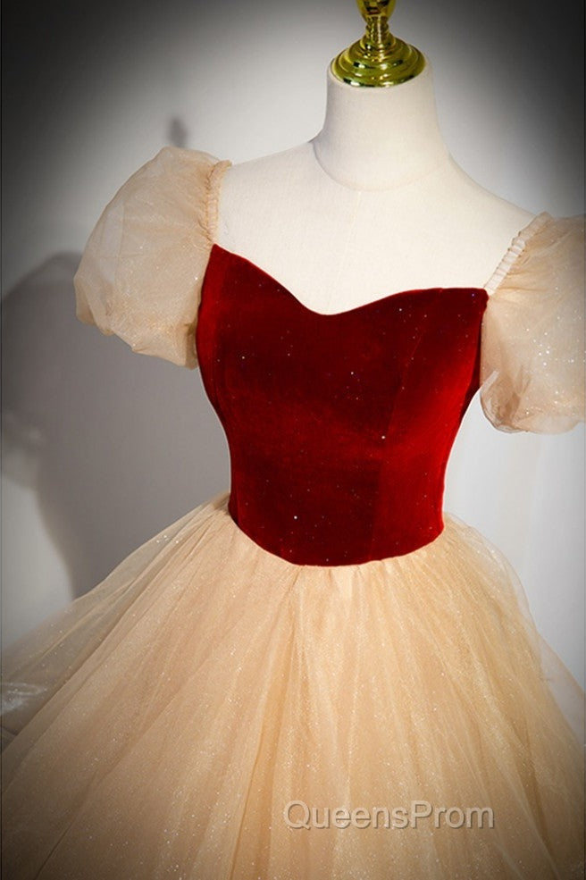 Elegant Burgundy Sparkling Sequin Square Neck Fluffy Short Sleeved Ball Dress, Burgundy Princess Sheer Backless Strap, Floor Length Layered Ruffle Edge Evening Prom Dress