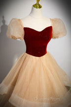 Elegant Burgundy Sparkling Sequin Square Neck Fluffy Short Sleeved Ball Dress, Burgundy Princess Sheer Backless Strap, Floor Length Layered Ruffle Edge Evening Prom Dress